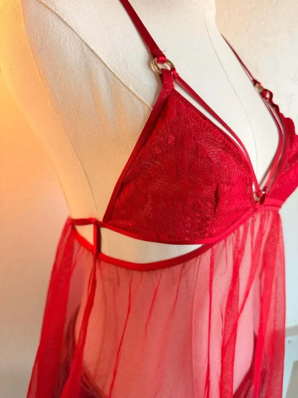 Victoria's Secret Red Lace and Mesh Strappy Flyaway Babydoll Chemise